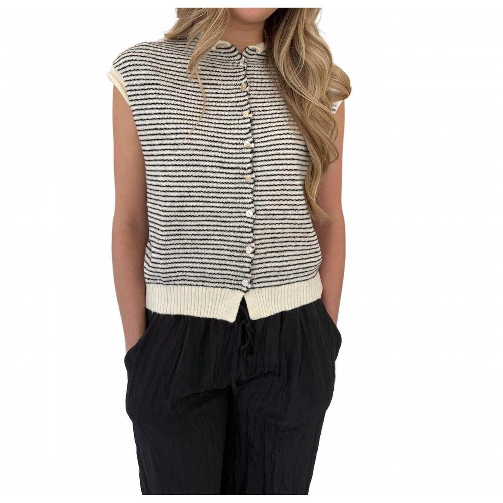 NEW THINGS BETWEEN sadie striped knit button top in black - Picture 5 of 6